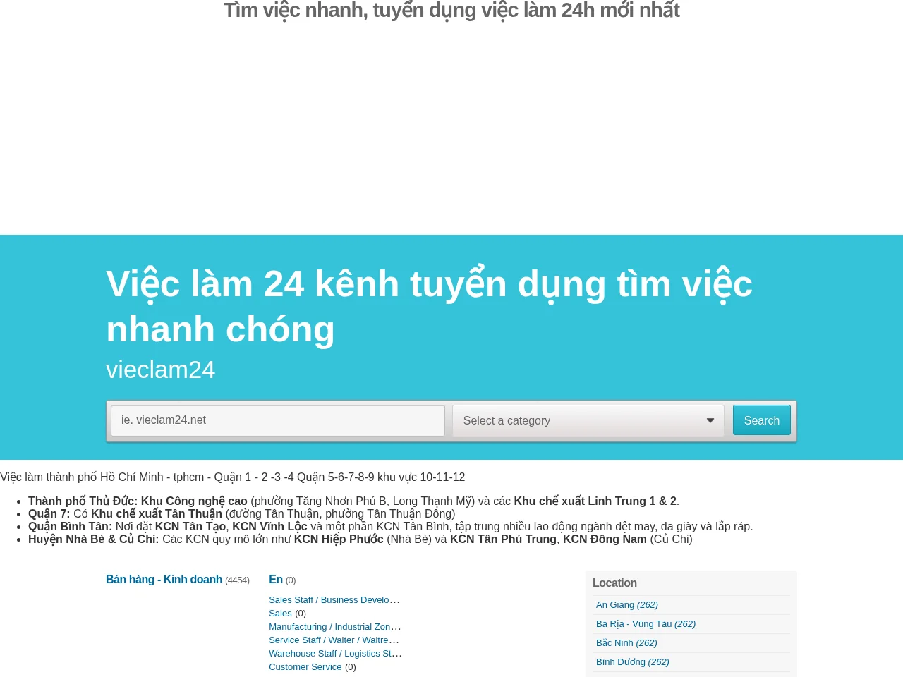 Việc làm 24 job board platform screenshot showing job search interface