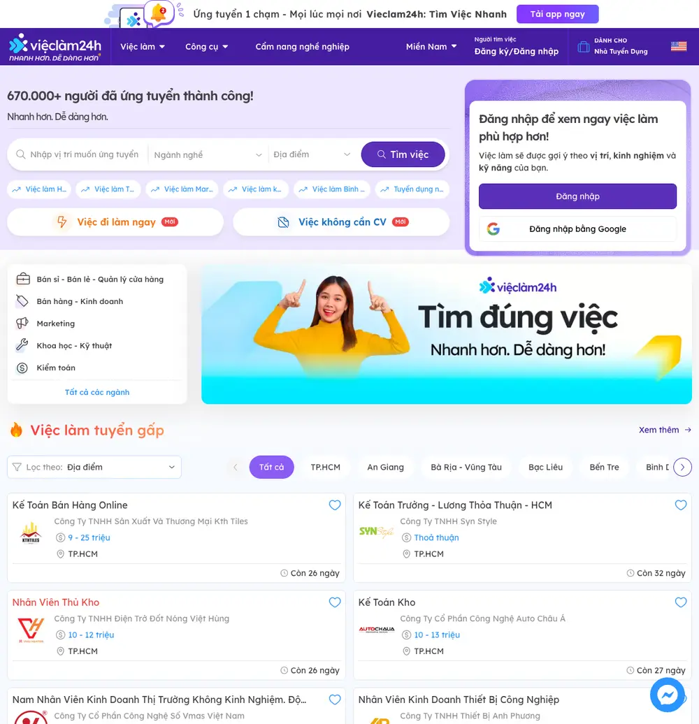 Việc Làm 24h job board platform screenshot showing job search interface
