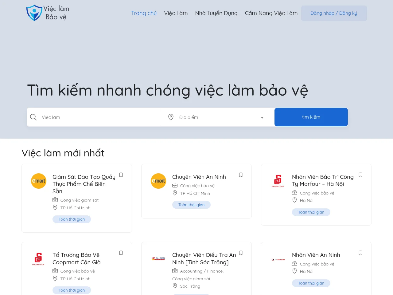 Viec Lam Bao Ve 24h job board platform screenshot showing job search interface