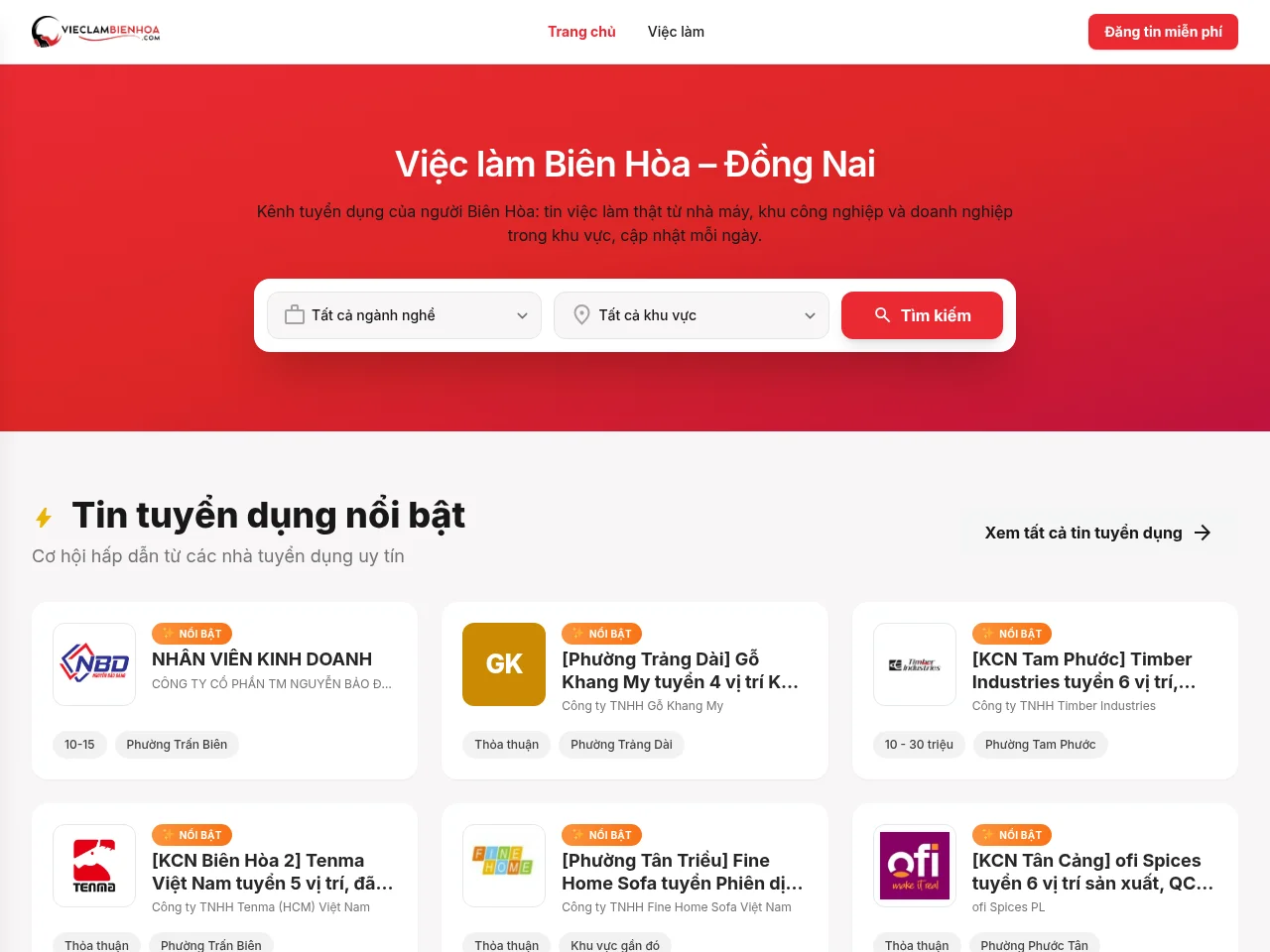 Việc làm Biên Hòa job board platform screenshot showing job search interface