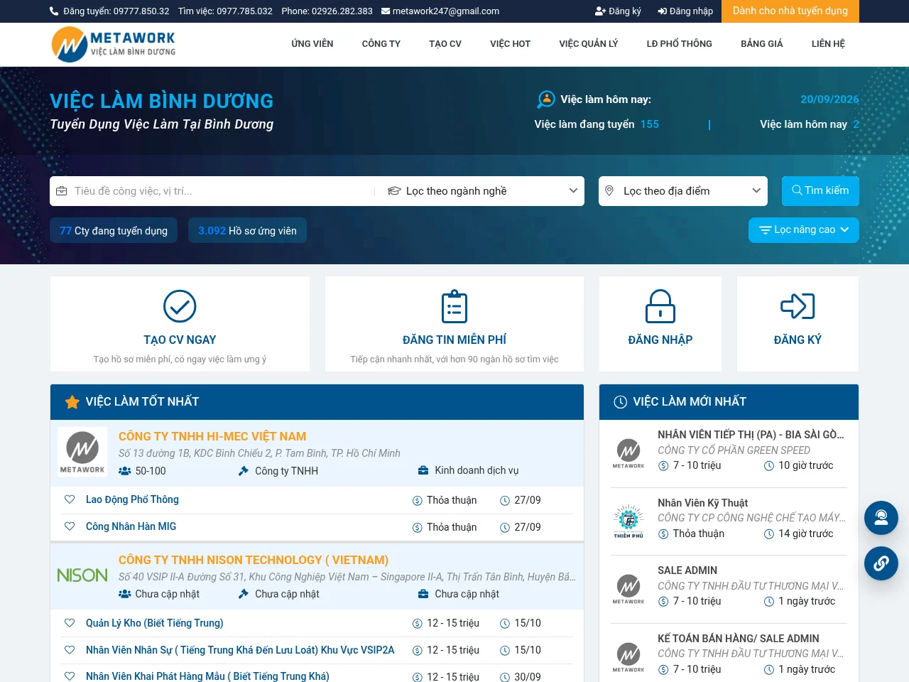 Việc Làm Bình Dương job board platform screenshot showing job search interface