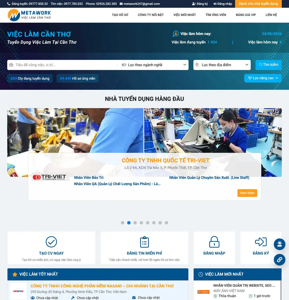 VIỆC LÀM CẦN THƠ job board platform screenshot showing job search interface