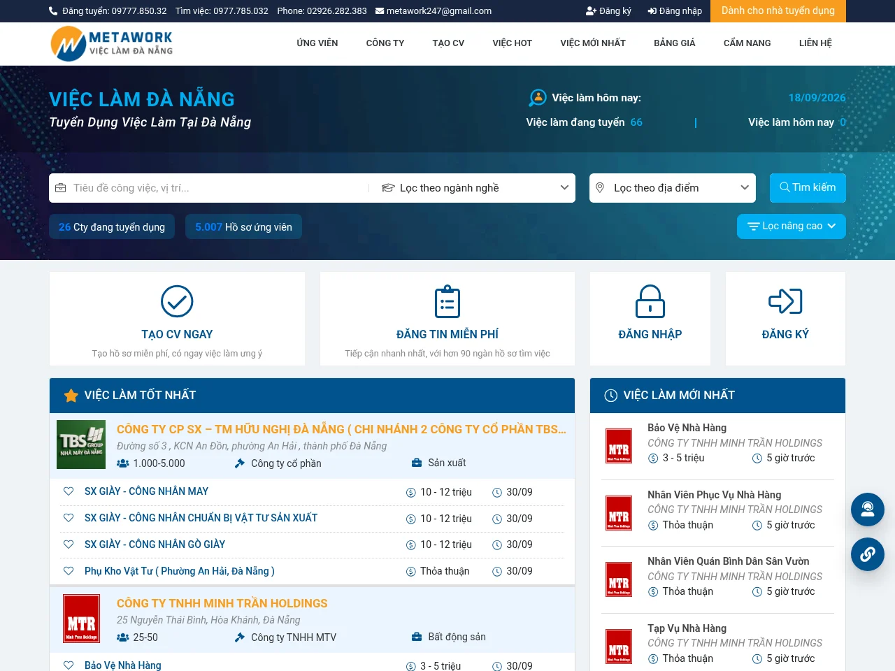 VIỆC LÀM ĐÀ NẴNG job board platform screenshot showing job search interface