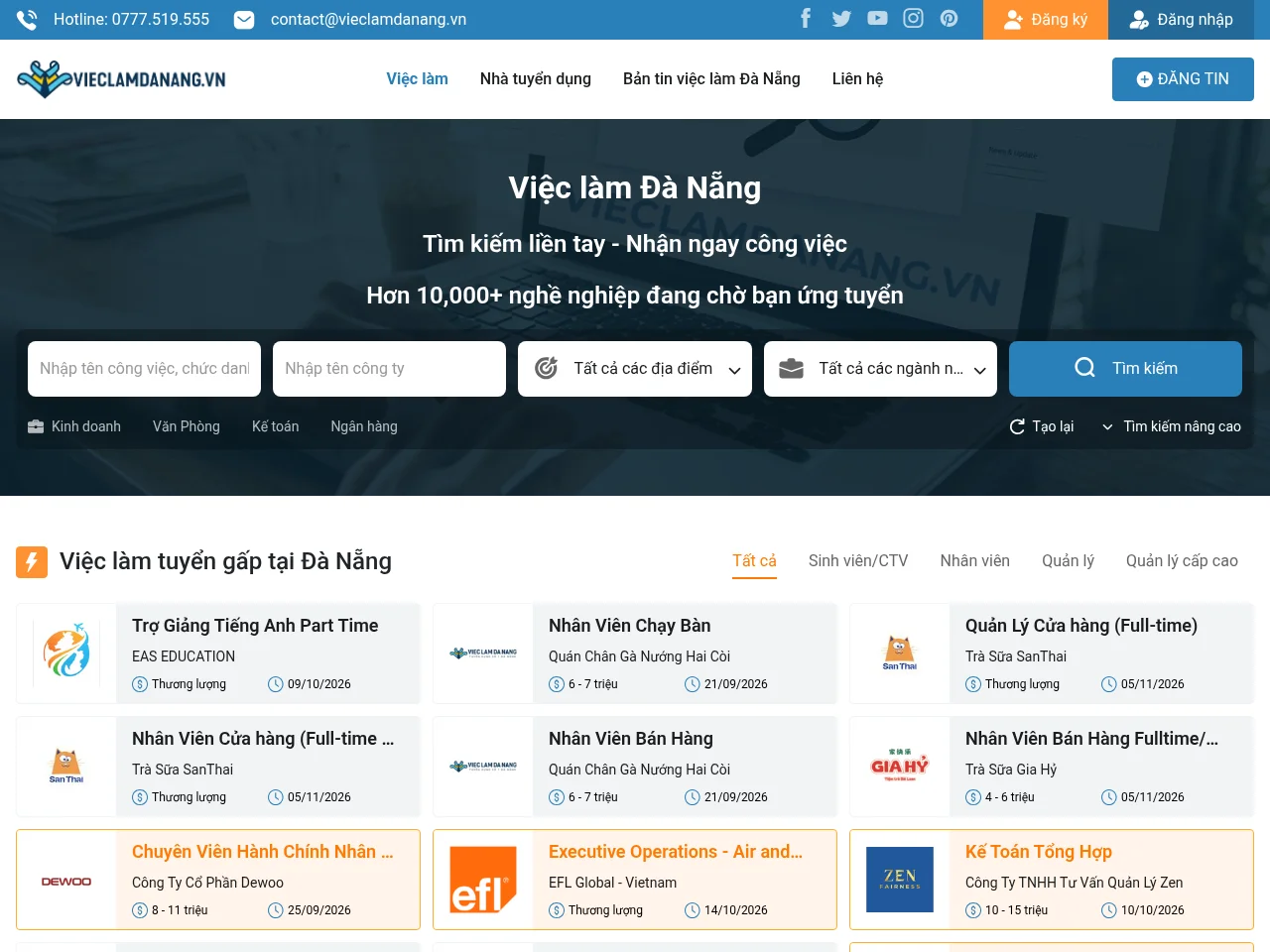 Vieclamdanang.vn job board platform screenshot showing job search interface