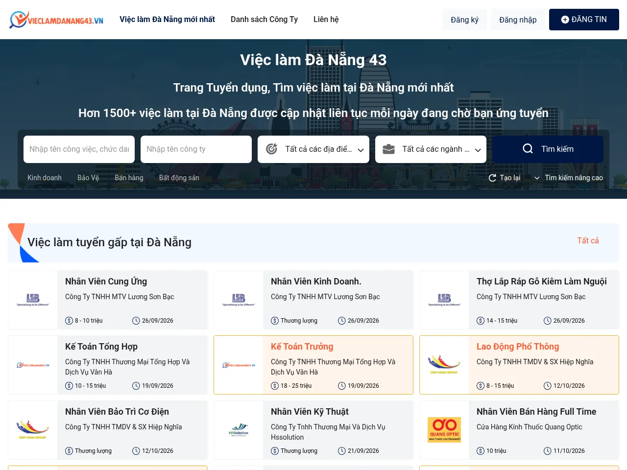 Việc làm Đà Nẵng 43 job board platform screenshot showing job search interface