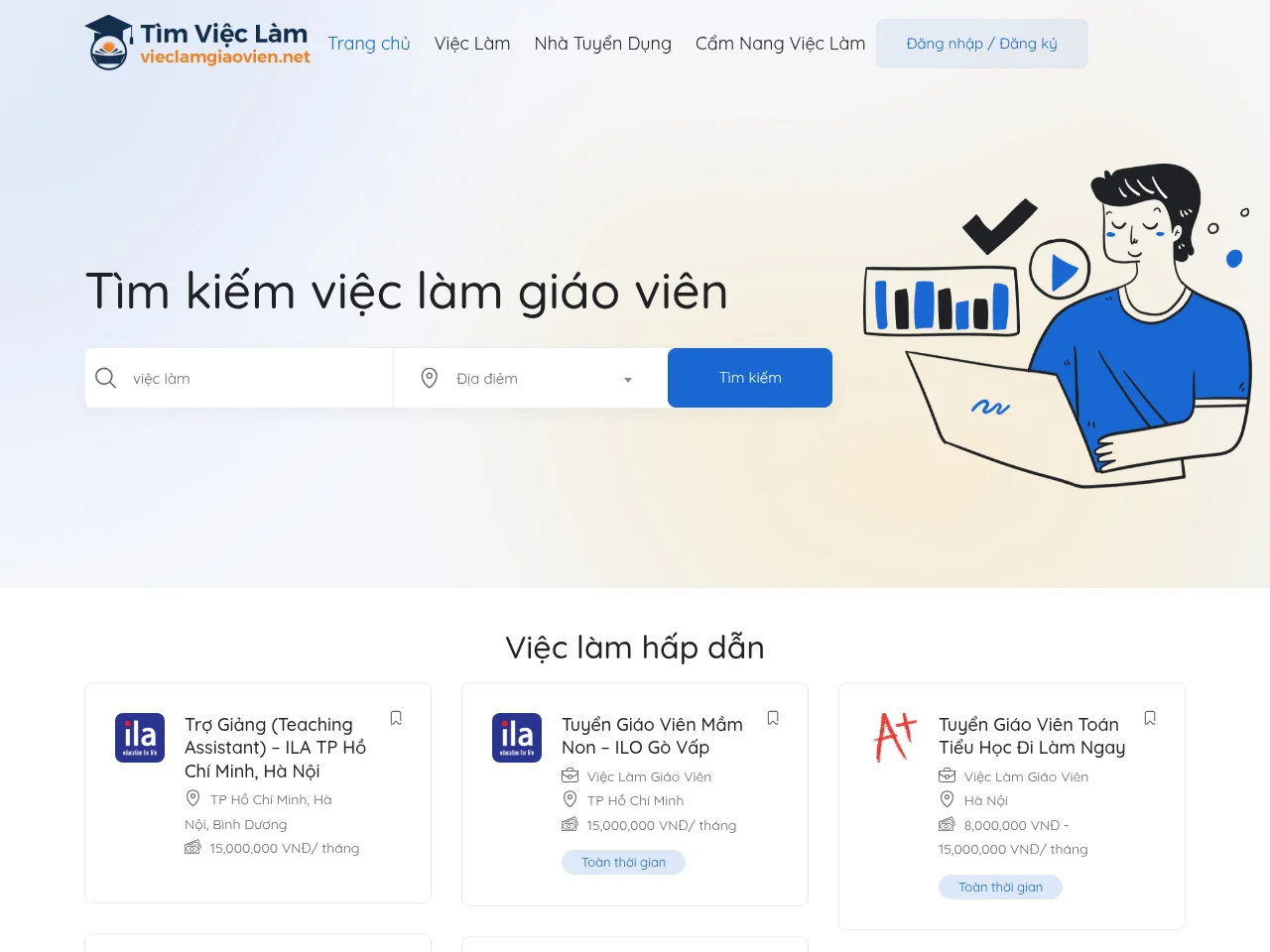 Vieclamgiaovien.net job board platform screenshot showing job search interface