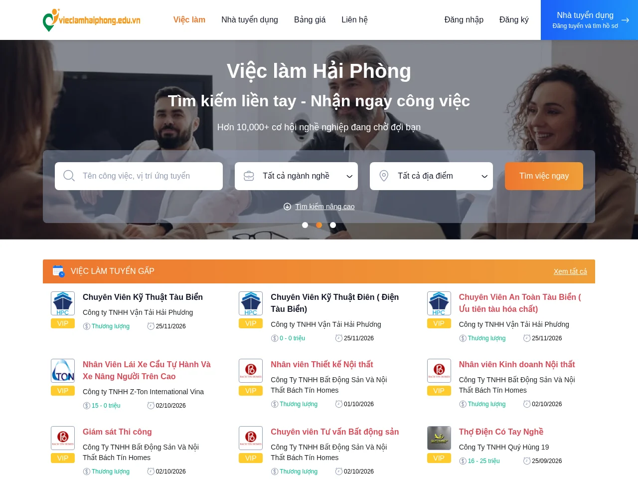 VieclamHaiPhong job board platform screenshot showing job search interface