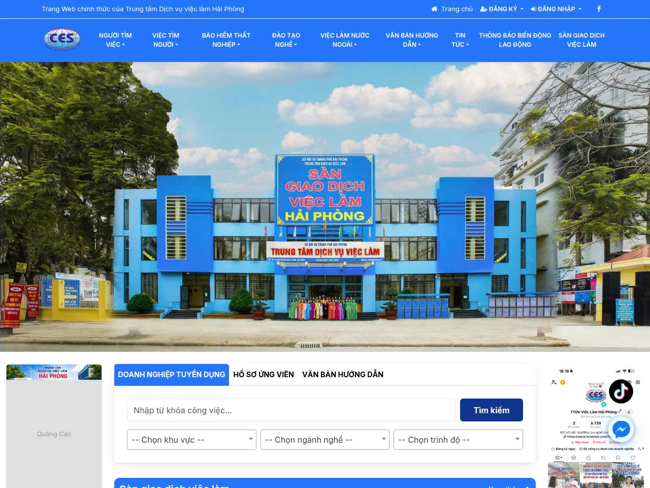 Trung Tâm Dịch Vụ Việc Làm Hải Phòng job board platform screenshot showing job search interface