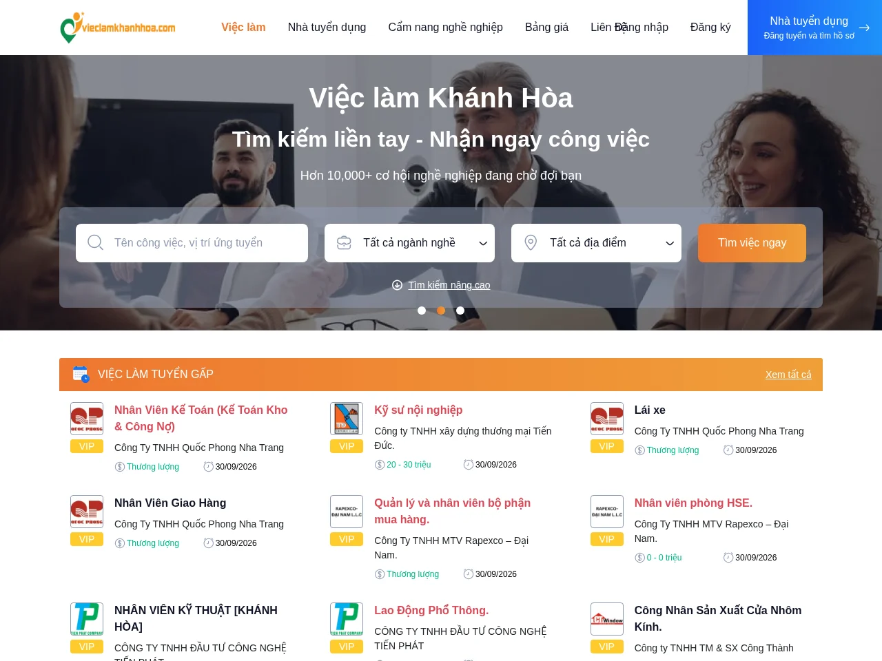 Việc làm Khánh Hòa job board platform screenshot showing job search interface