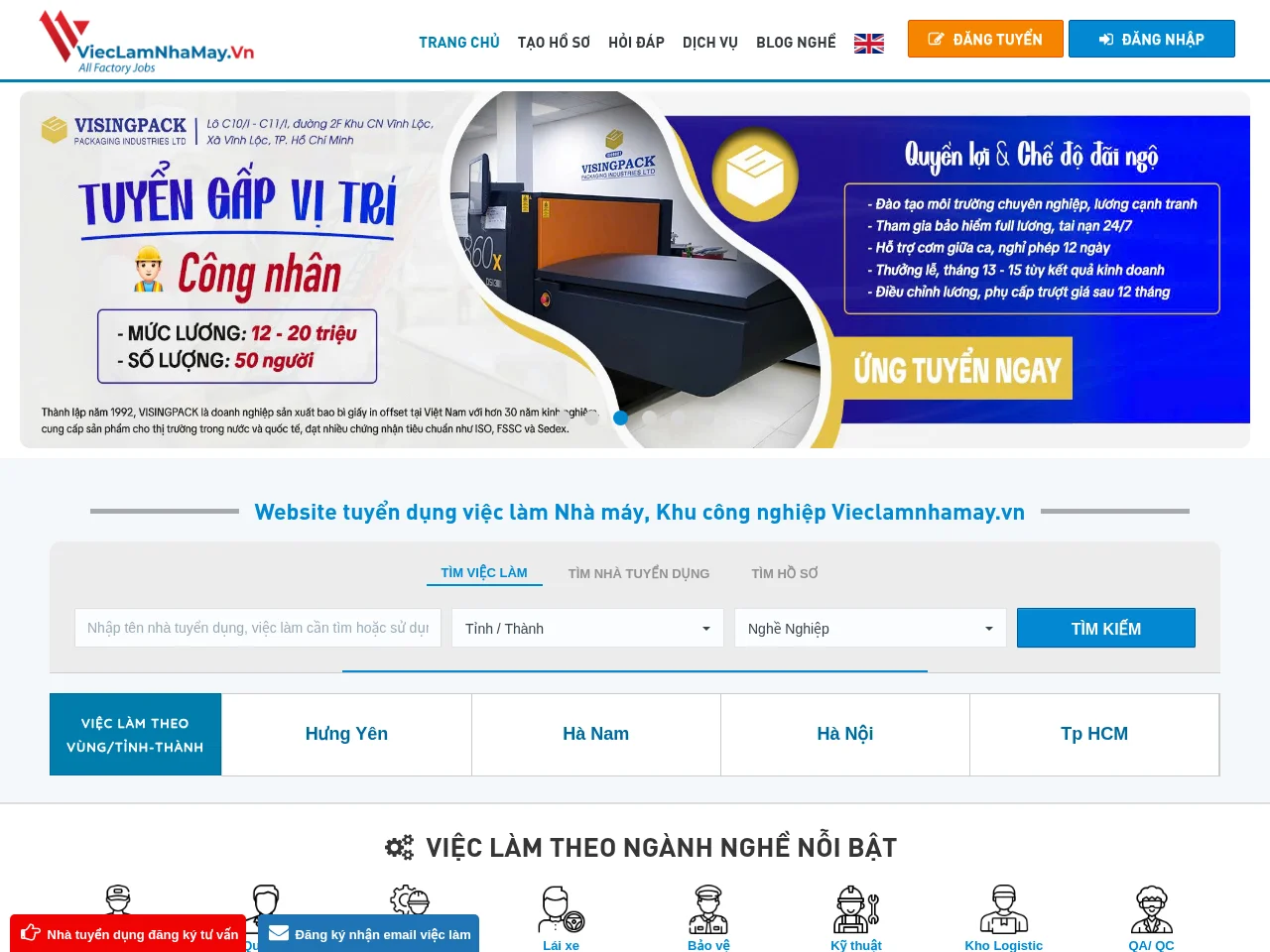 Vieclamnhamay.vn job board platform screenshot showing job search interface