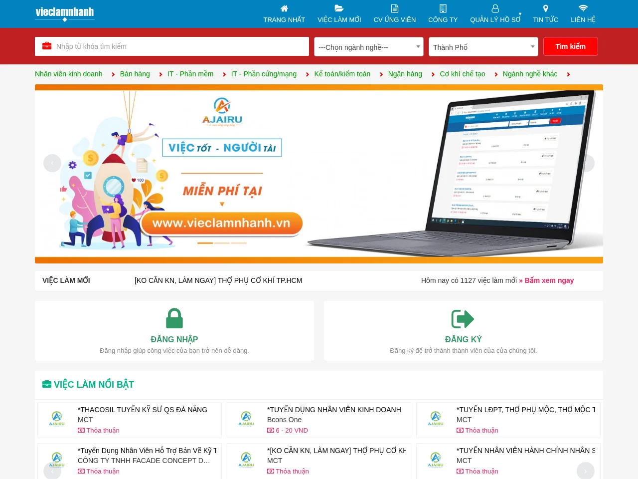Vieclamnhanh.vn job board platform screenshot showing job search interface