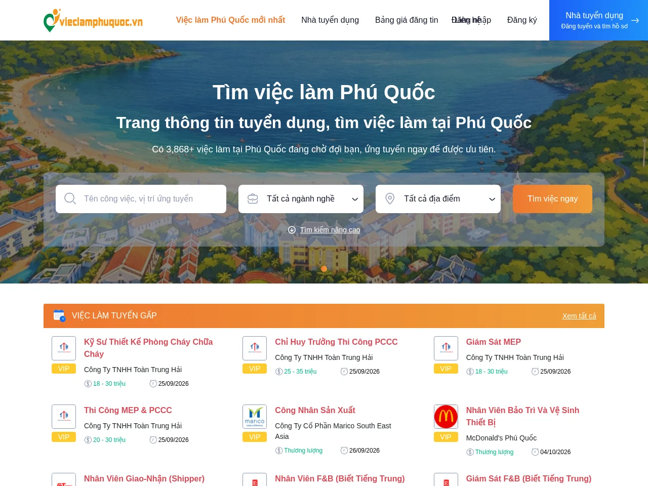 Vieclamphuquoc.vn job board platform screenshot showing job search interface