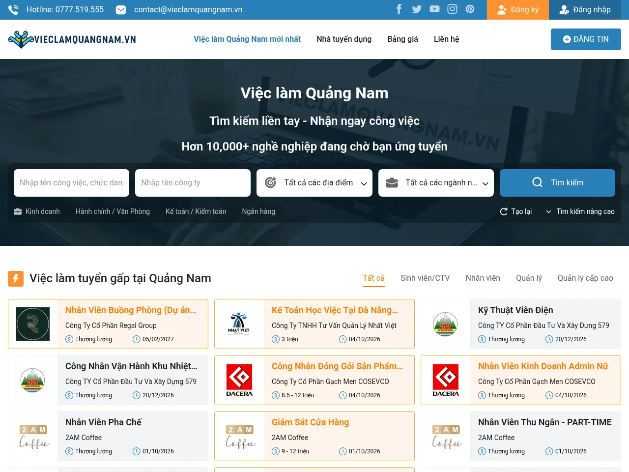 Vieclamquangnam.vn job board platform screenshot showing job search interface