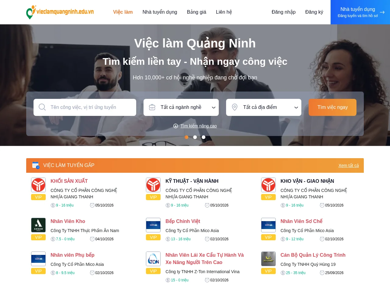 Việc làm Quảng Ninh job board platform screenshot showing job search interface