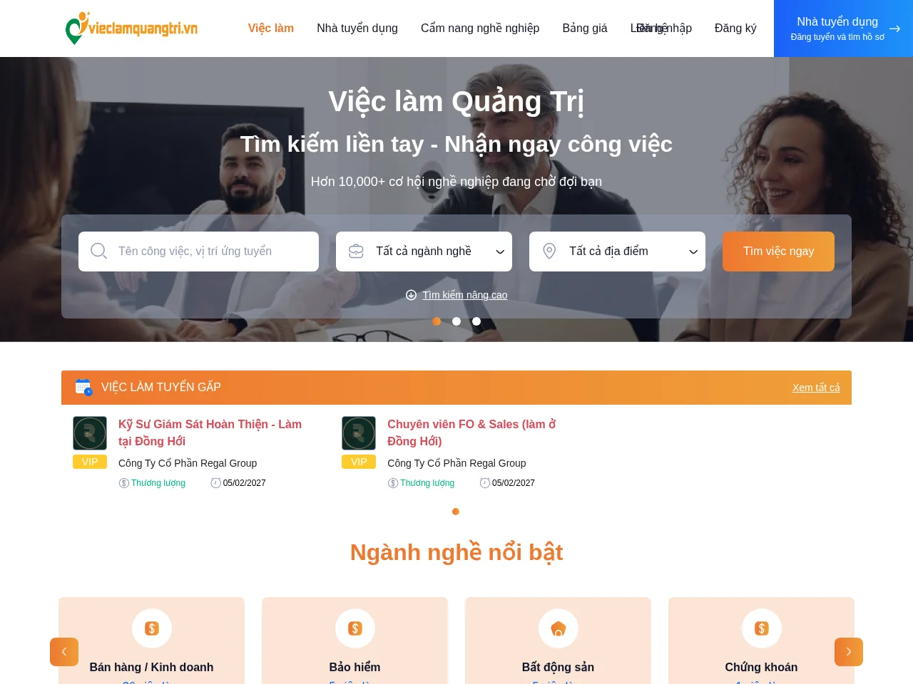 Việc làm Quảng Trị job board platform screenshot showing job search interface