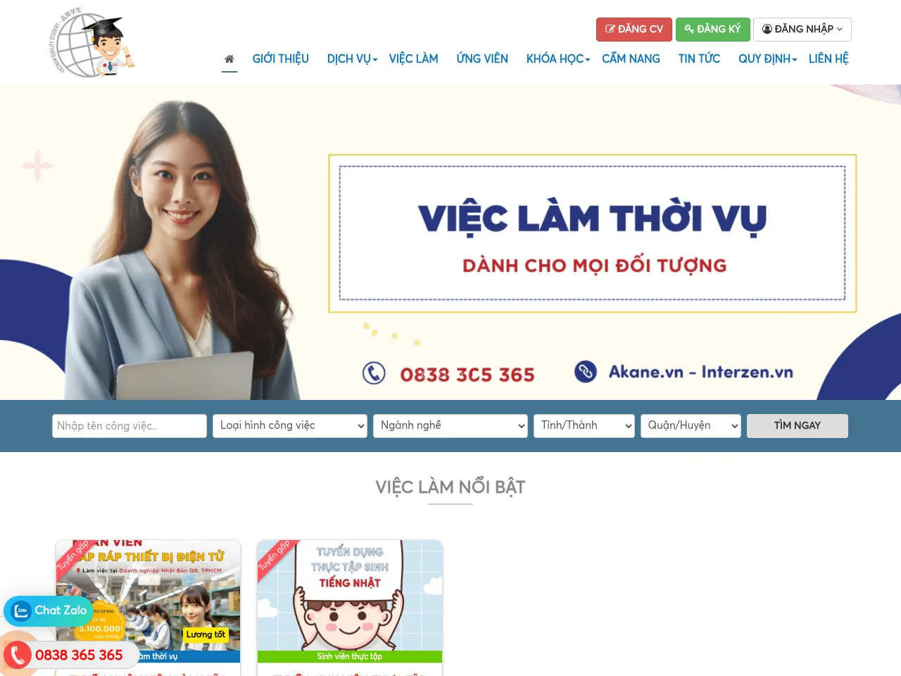 Việc Làm Sinh Viên job board platform screenshot showing job search interface