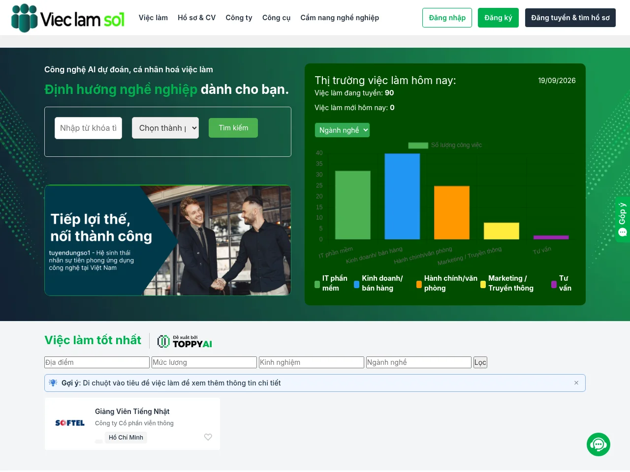 Vieclamso1 job board platform screenshot showing job search interface