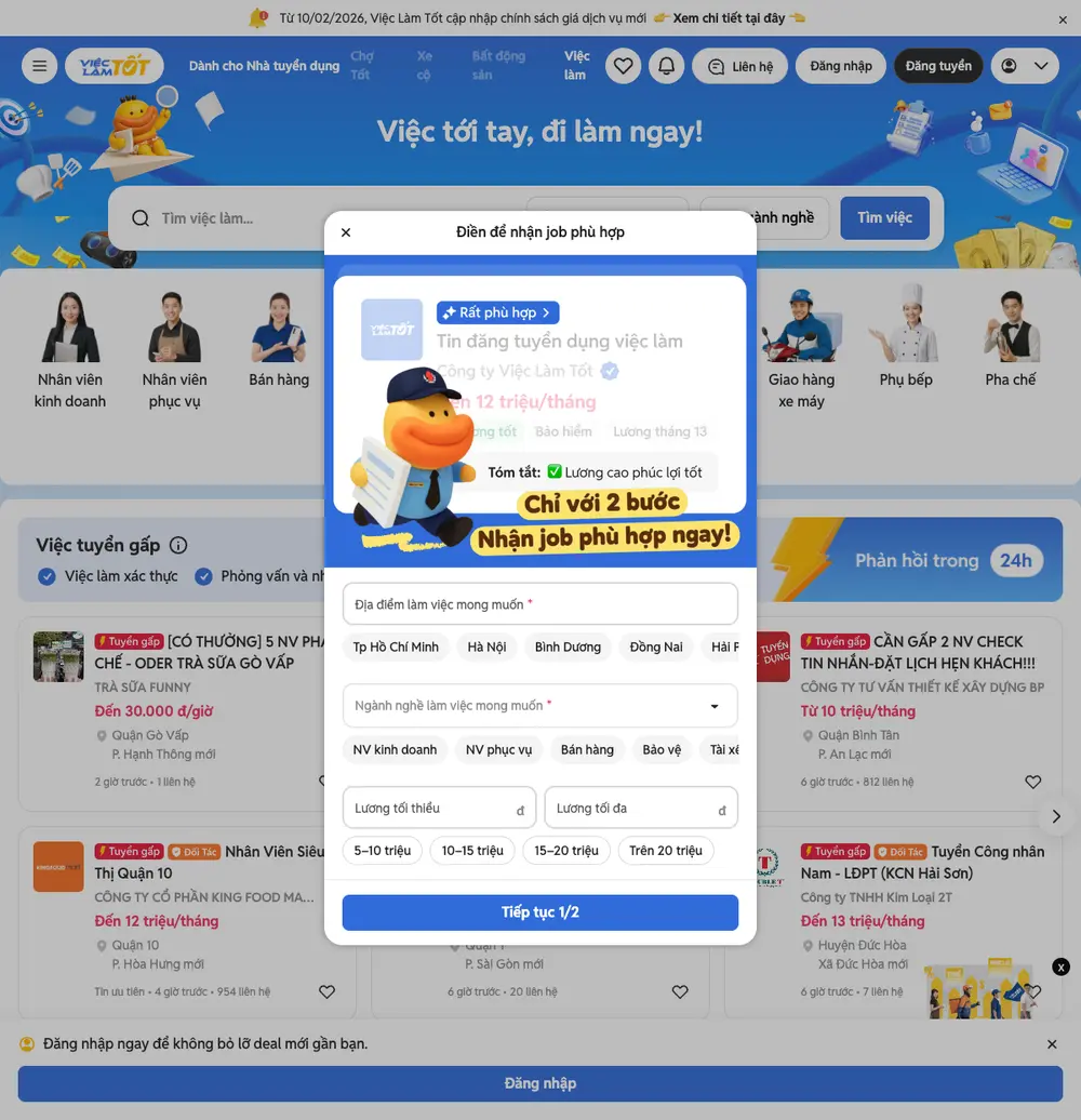 Việc Làm Tốt job board platform screenshot showing job search interface