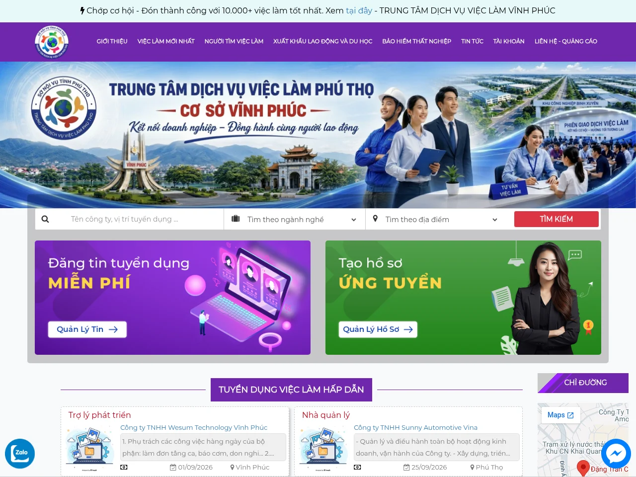 Trung tâm Dịch vụ Việc làm Phú Thọ Cơ sở Vĩnh Phúc job board platform screenshot showing job search interface