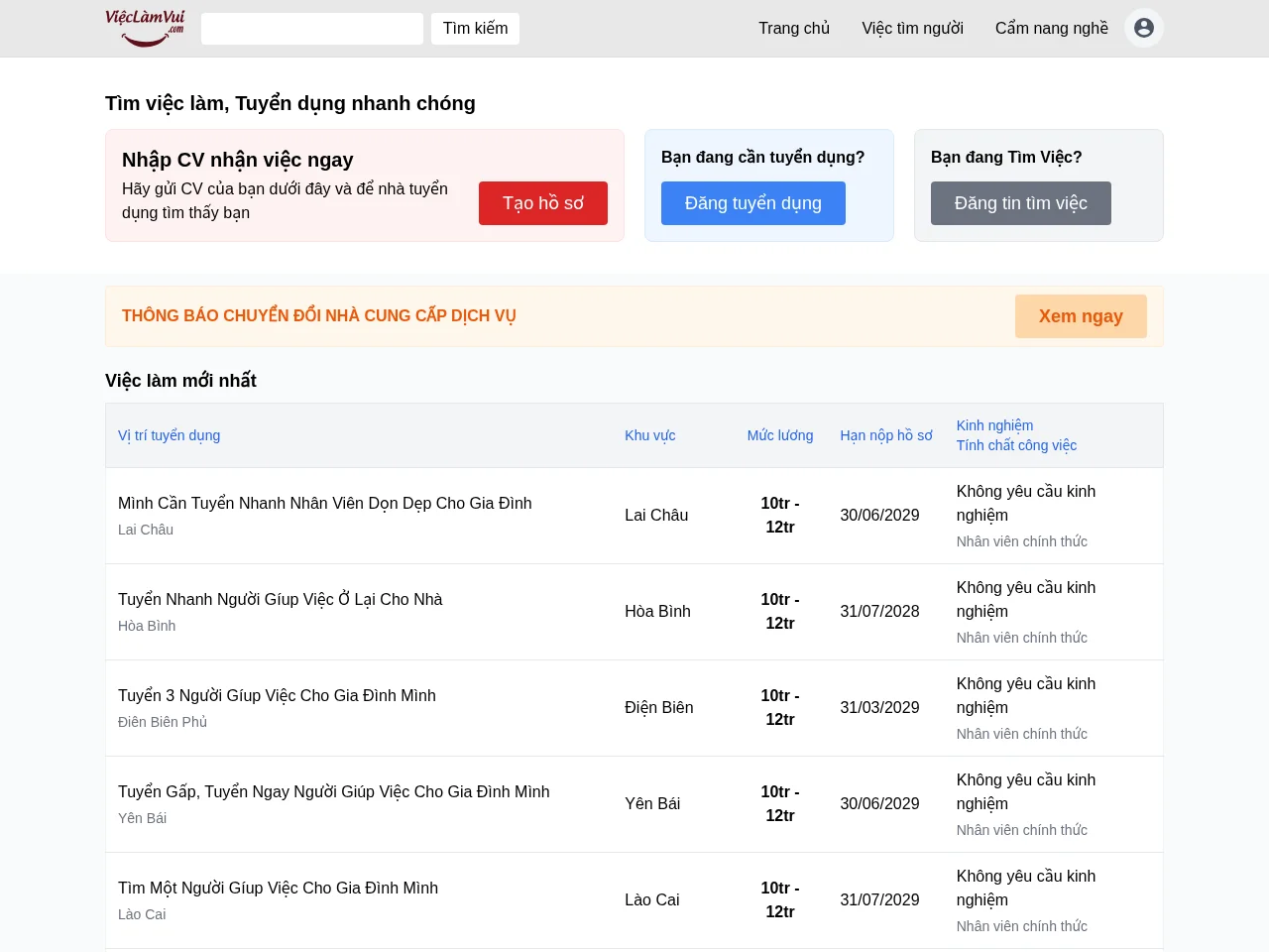 Việc Làm Vui Academy job board platform screenshot showing job search interface