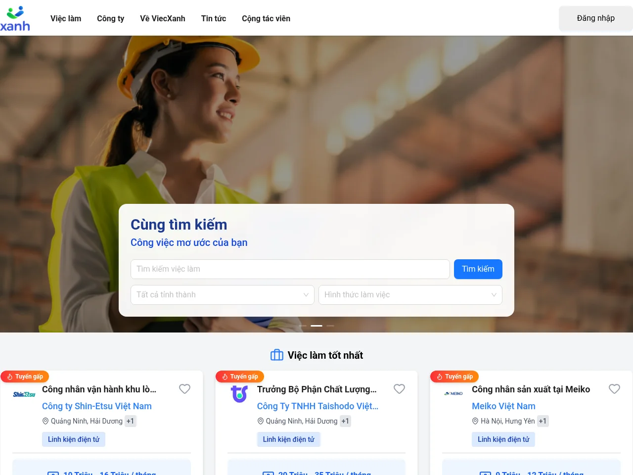 Việc Xanh job board platform screenshot showing job search interface