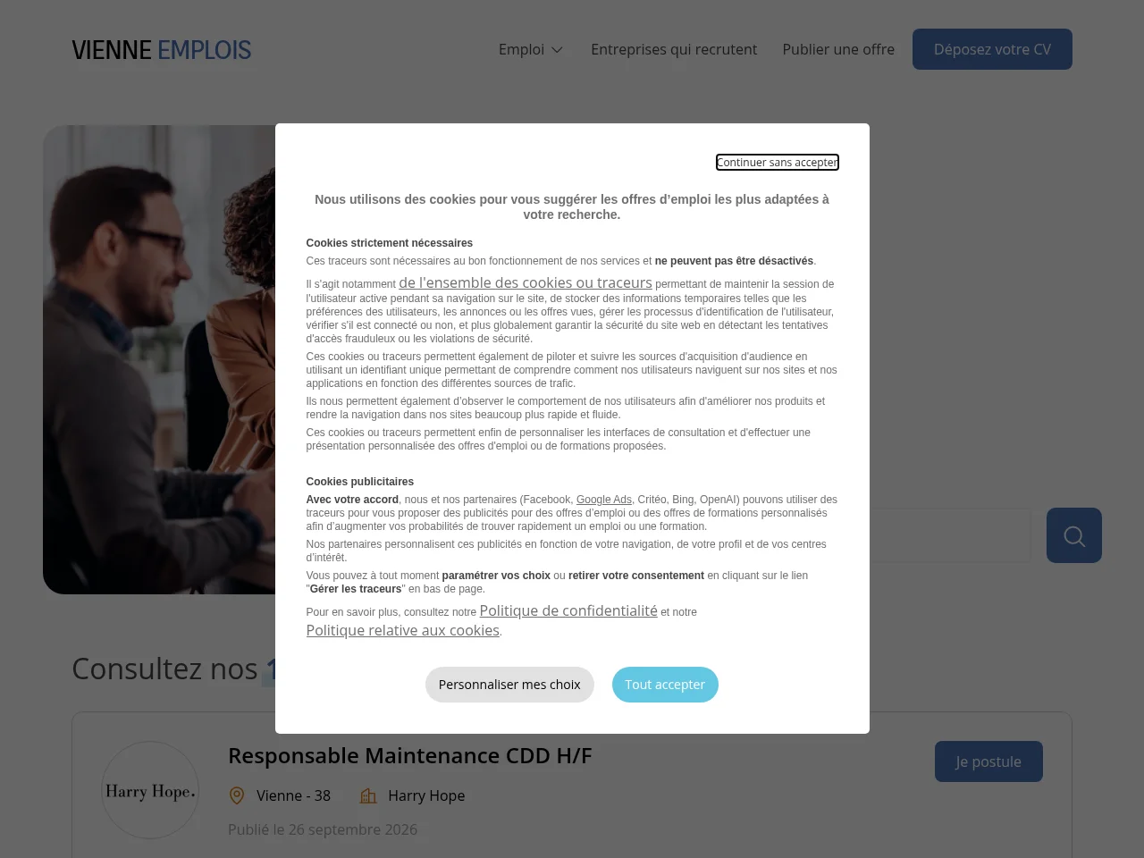 Vienne Emplois job board platform screenshot showing job search interface