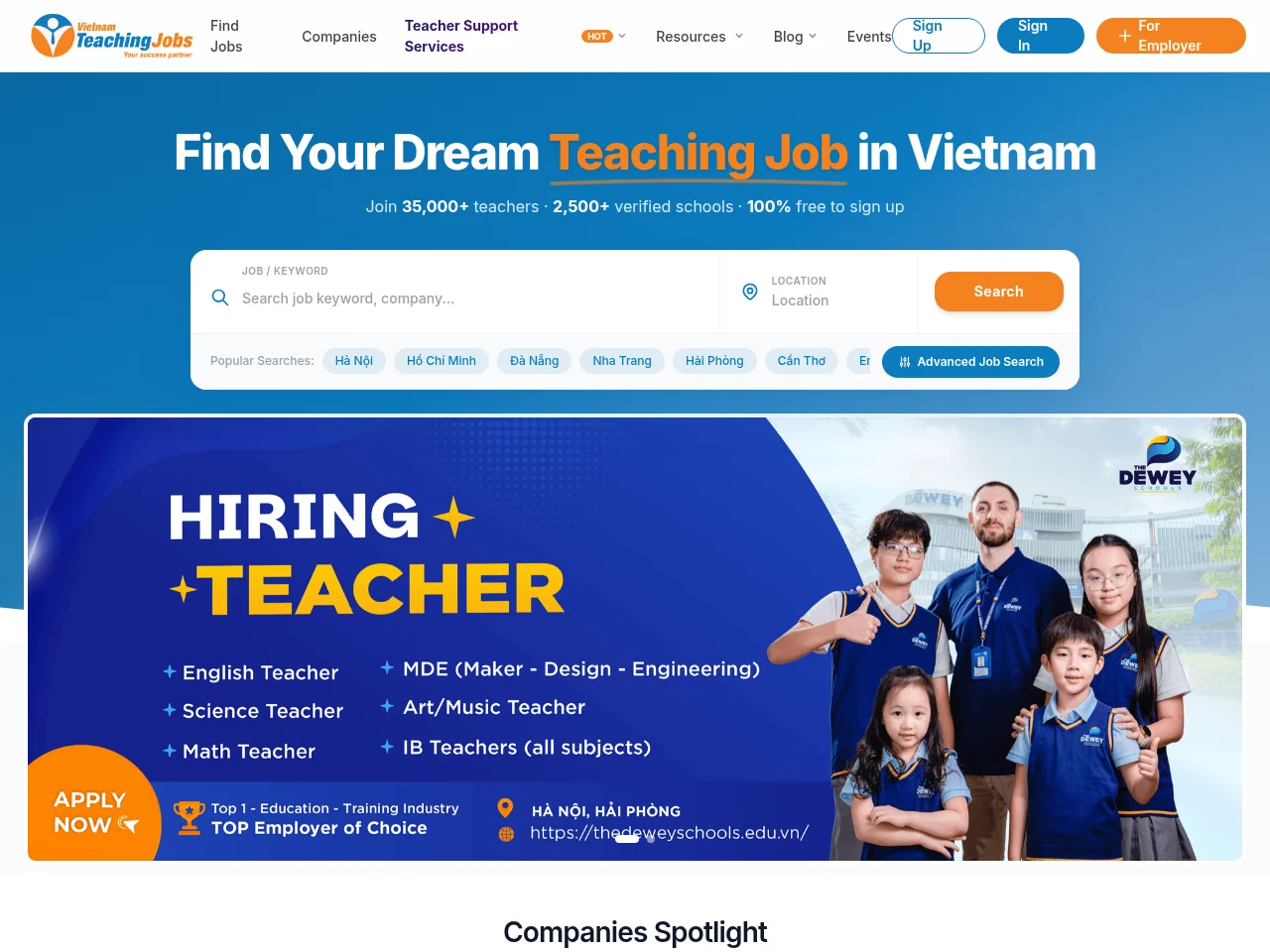 Vietnam Teaching Jobs job board platform screenshot showing job search interface