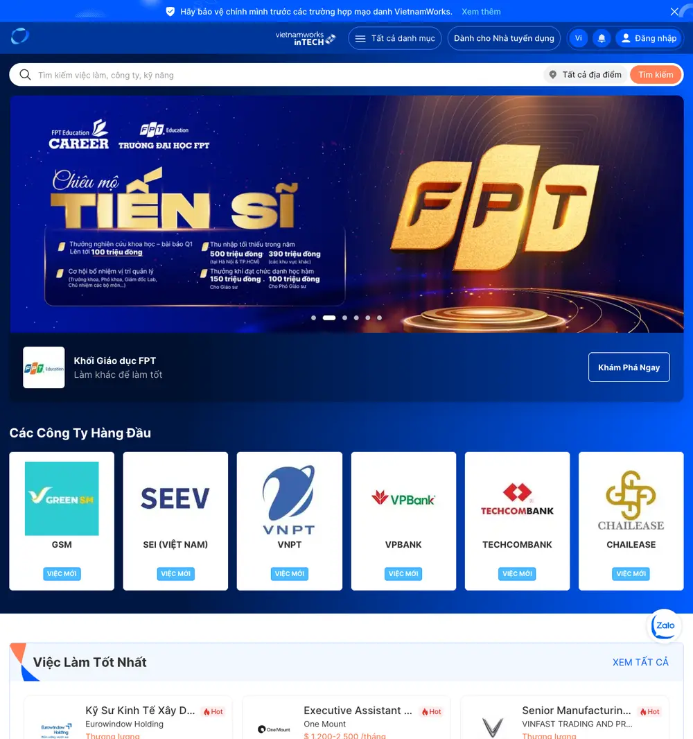 VietnamWorks job board platform screenshot showing job search interface