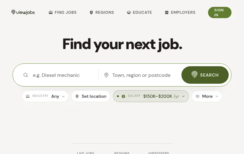 ViewJobs job board platform screenshot showing job search interface