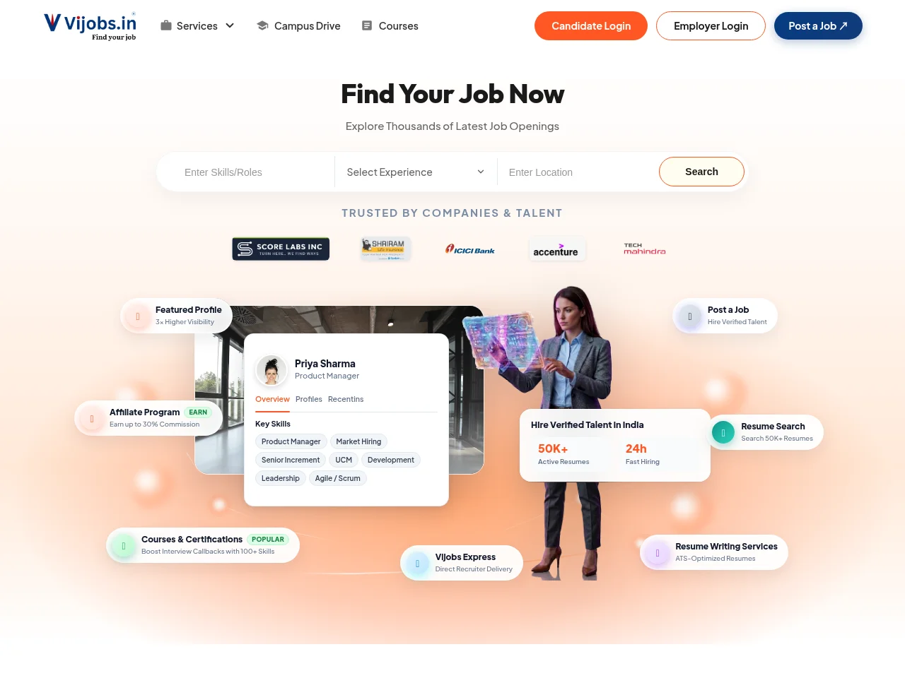 Vijobs.in job board platform screenshot showing job search interface