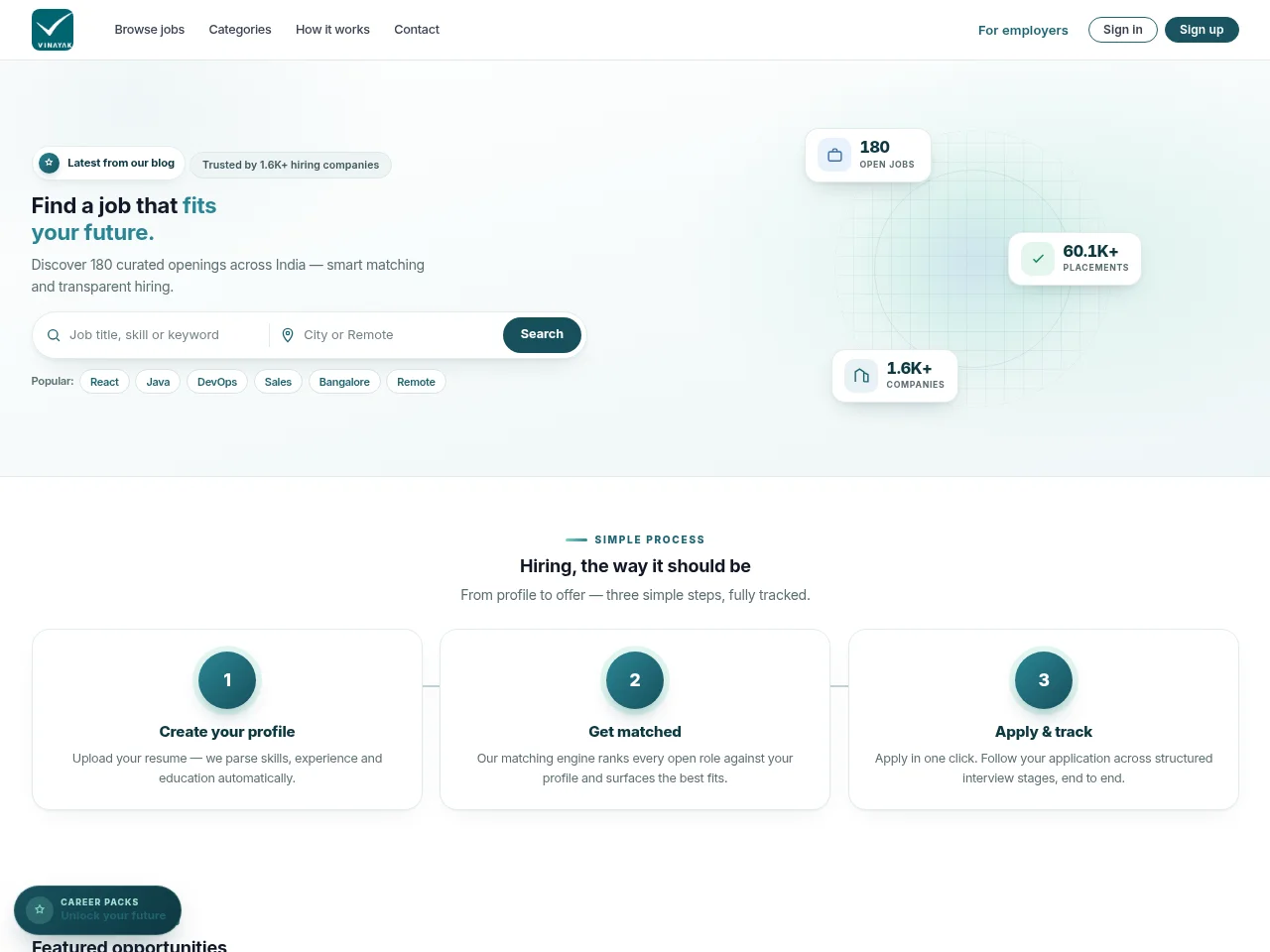 Vinayak Jobs job board platform screenshot showing job search interface