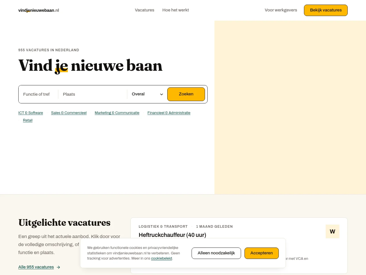 vindjenieuwebaan.nl job board platform screenshot showing job search interface