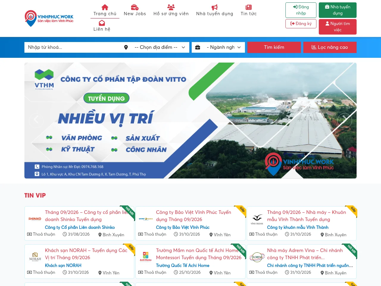 Vinh Phuc Work job board platform screenshot showing job search interface