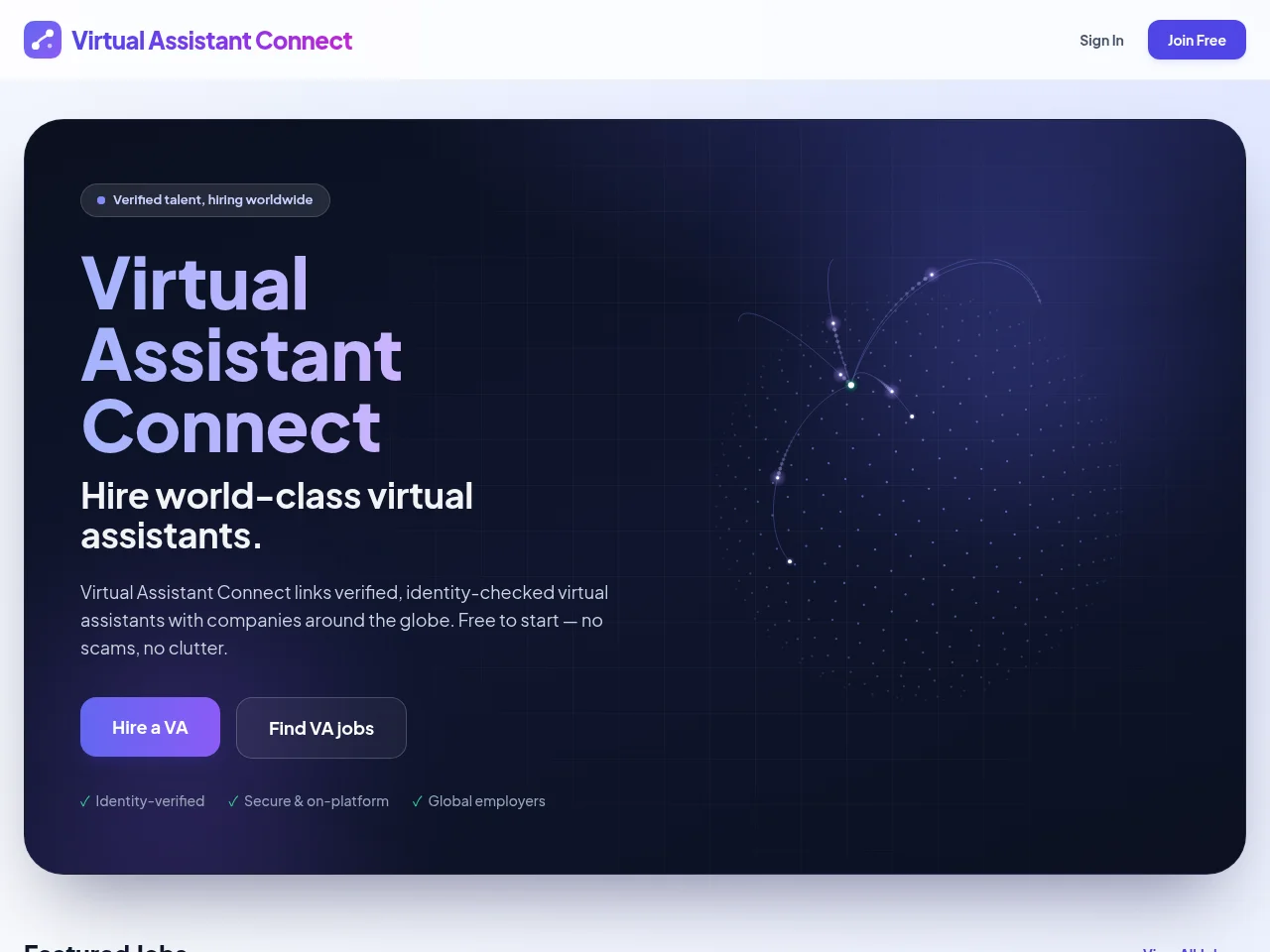 Virtual Assistant Connect job board platform screenshot showing job search interface