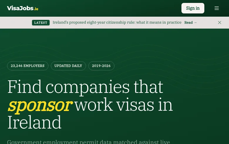 VisaJobs.ie job board platform screenshot showing job search interface