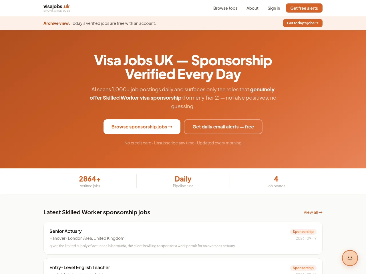 Visa Jobs UK job board platform screenshot showing job search interface