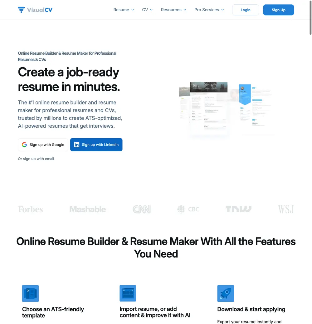 VisualCV job board platform screenshot showing job search interface
