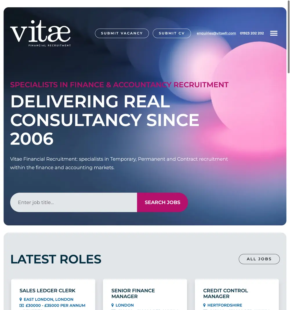 Vitae Financial Recruitment job board platform screenshot showing job search interface