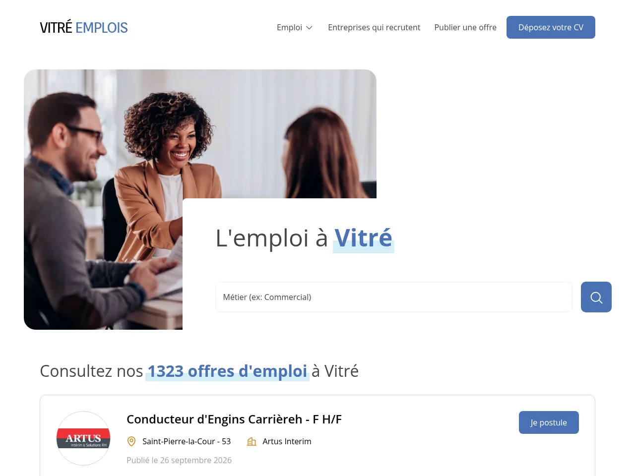 Vitré Emplois job board platform screenshot showing job search interface