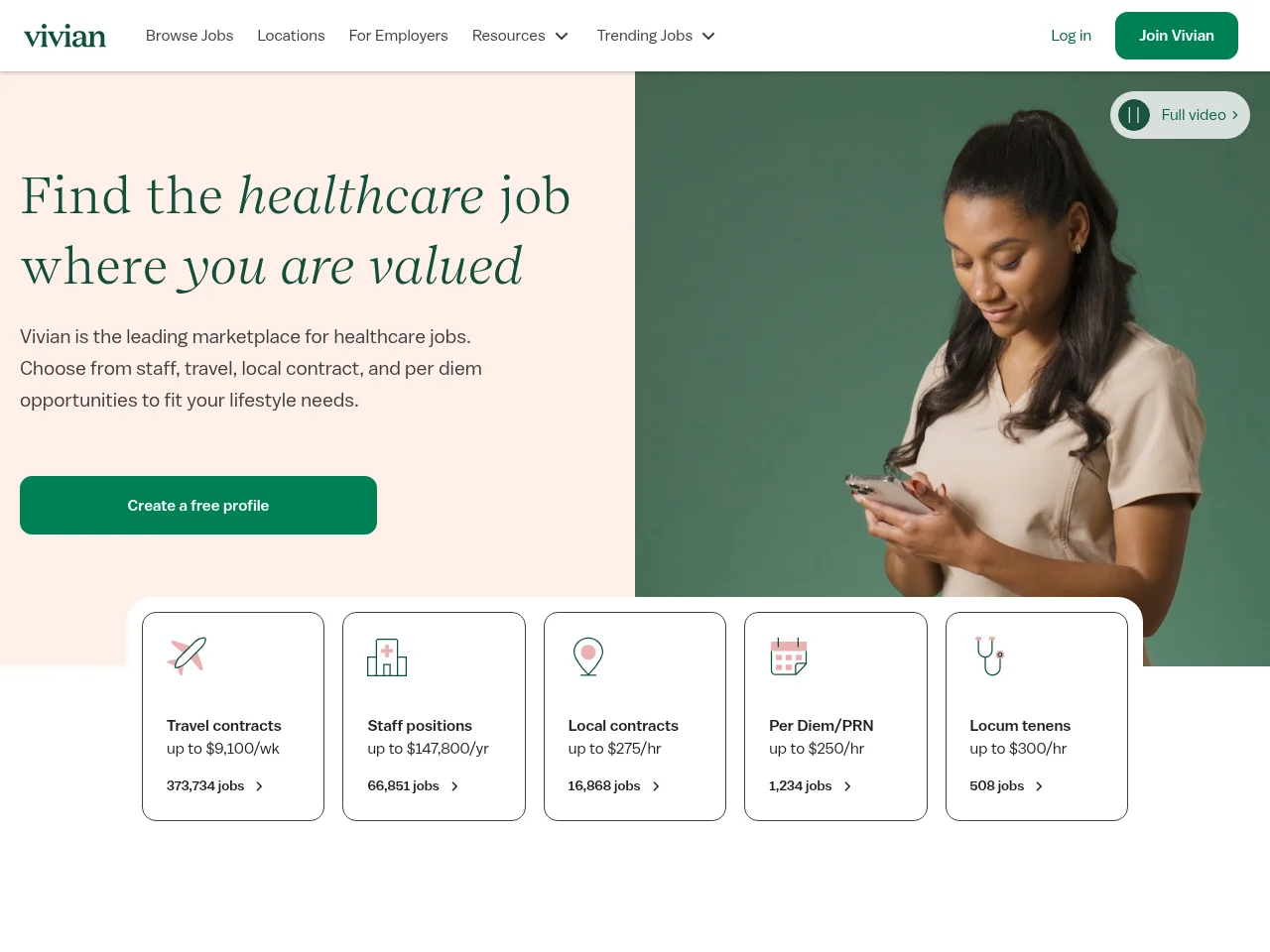Vivian Health job board platform screenshot showing job search interface