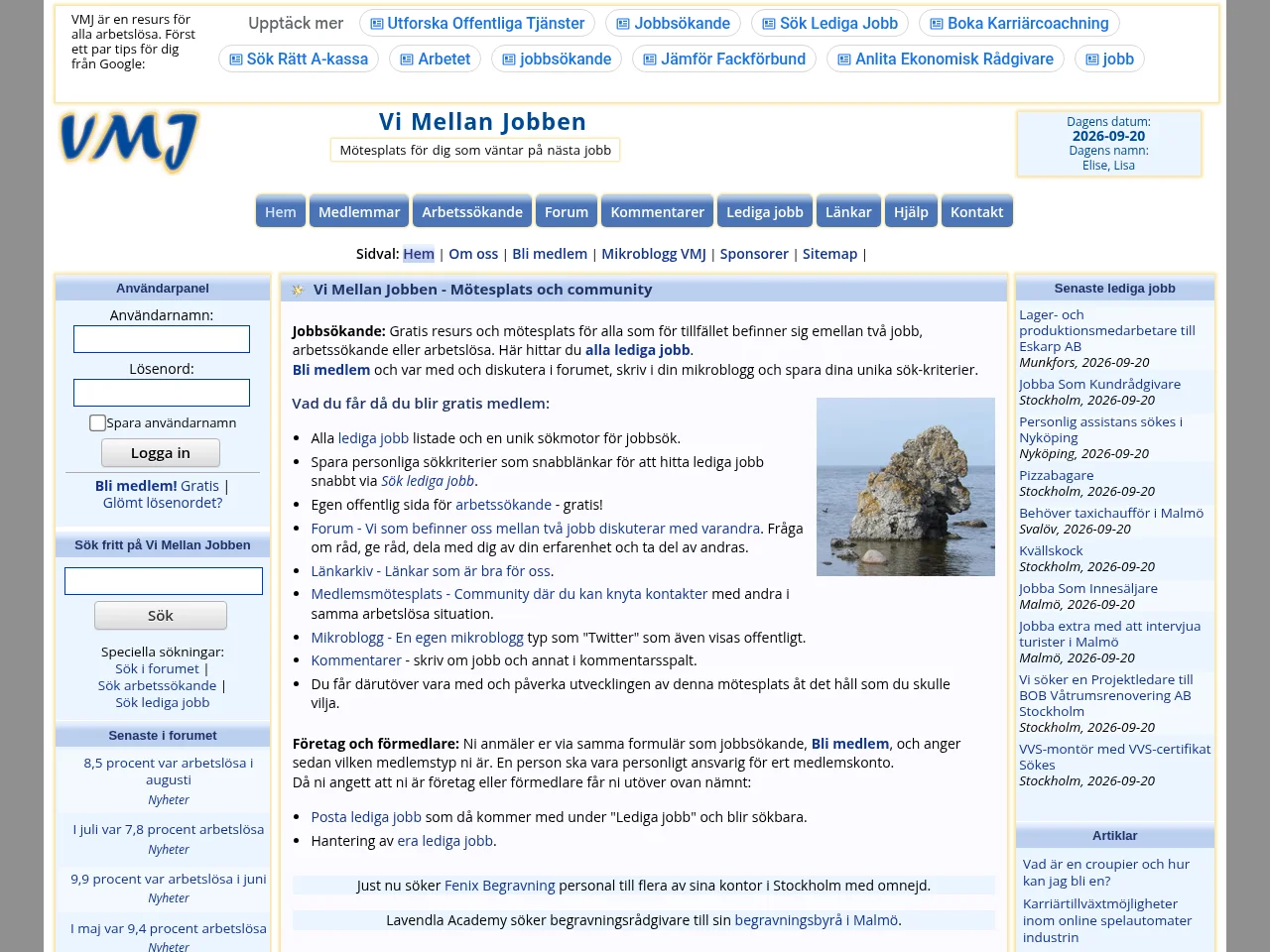 Vi Mellan Jobben job board platform screenshot showing job search interface