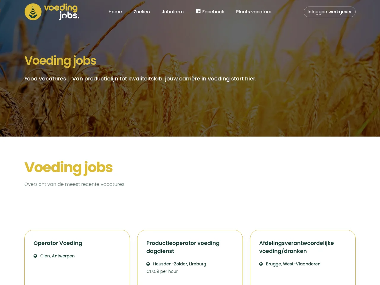 VoedingJobs.be job board platform screenshot showing job search interface