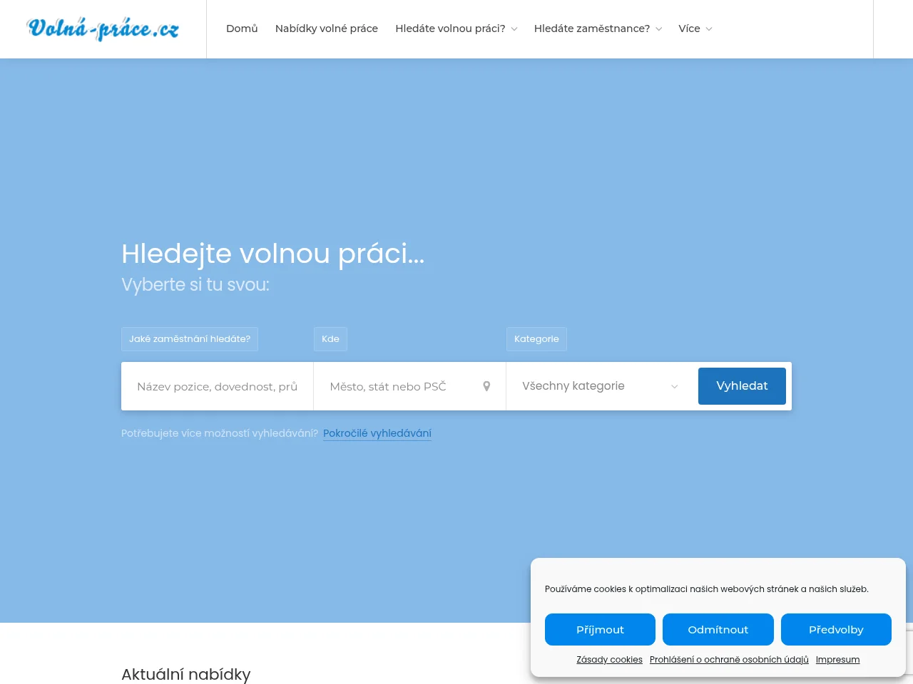 Volná-práce.cz job board platform screenshot showing job search interface