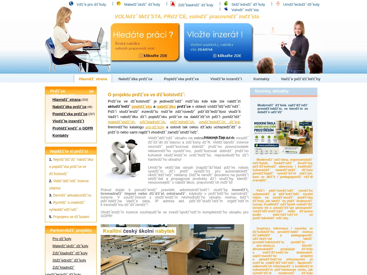 Volnamista-Prace.cz job board platform screenshot showing job search interface
