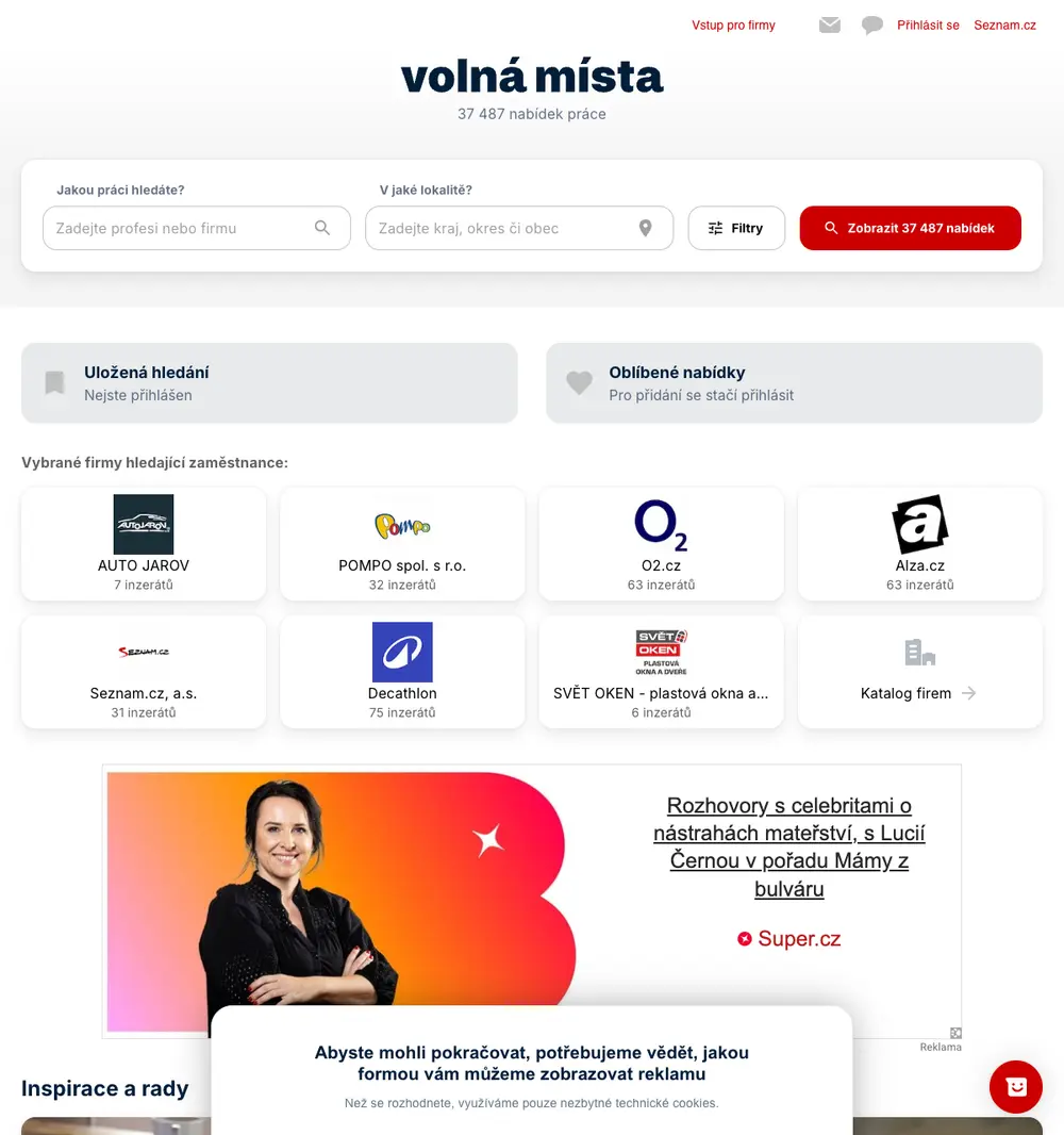 Volnámísta.cz screenshot Volnámísta.cz job board platform screenshot showing job search interface