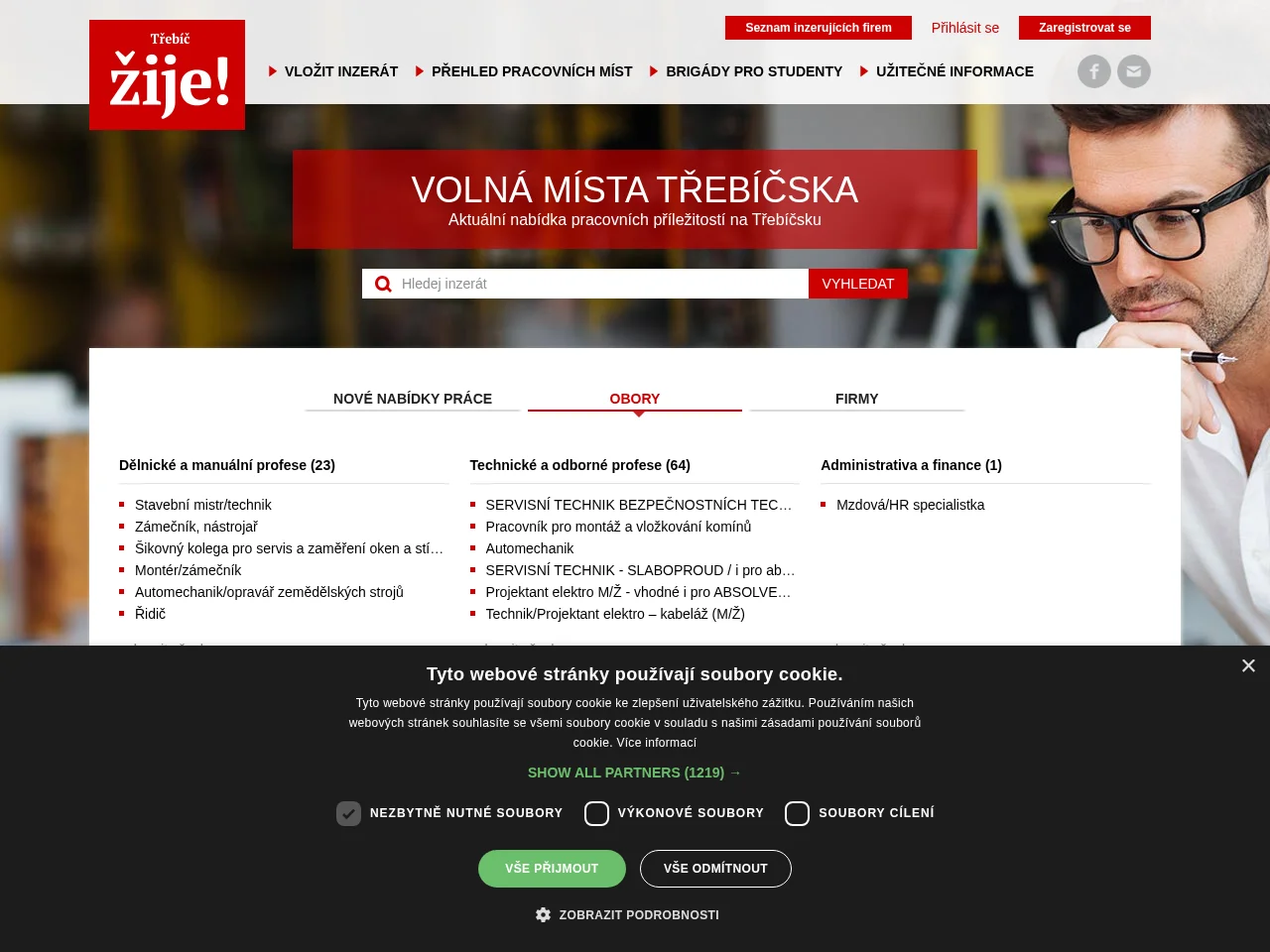 Volná místa Třebíč job board platform screenshot showing job search interface