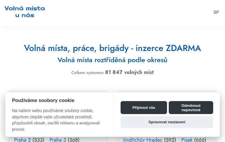 Volná místa v ČR screenshot Volná místa v ČR job board platform screenshot showing job search interface