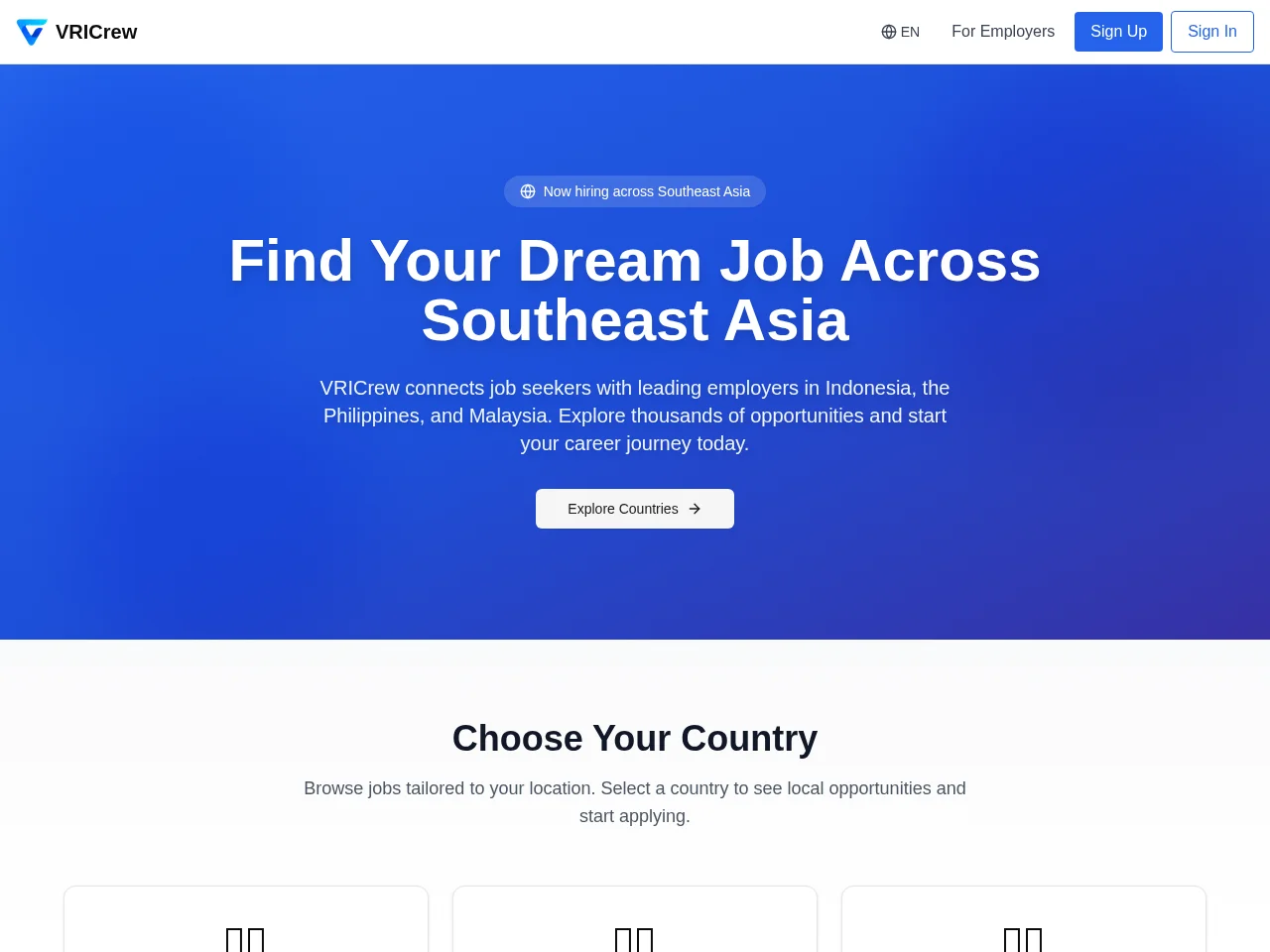 VRICrew job board platform screenshot showing job search interface