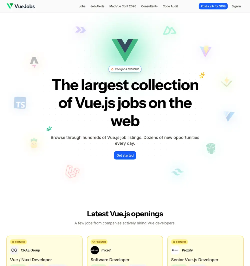 VueJobs job board platform screenshot showing job search interface