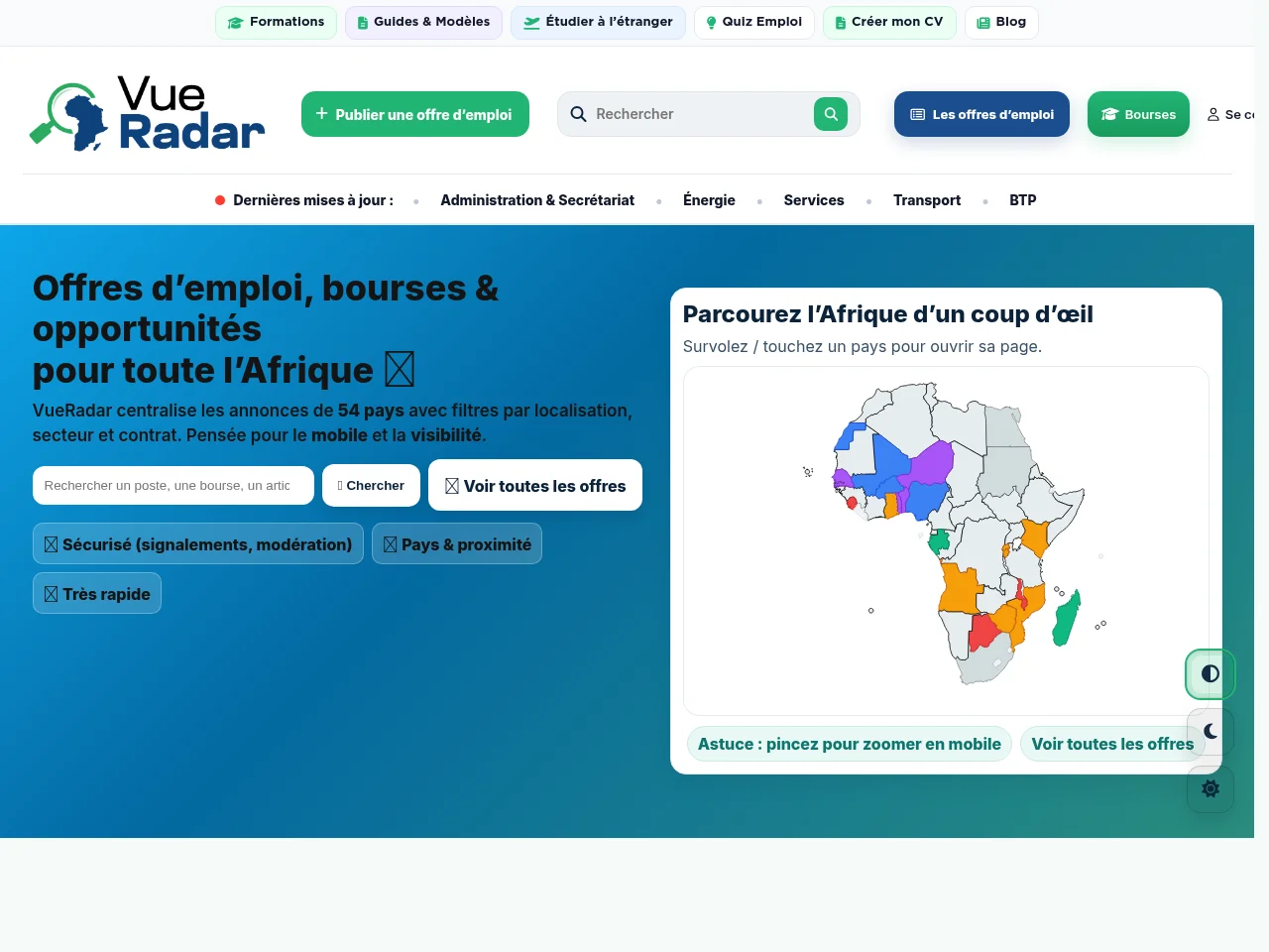 VueRadar job board platform screenshot showing job search interface